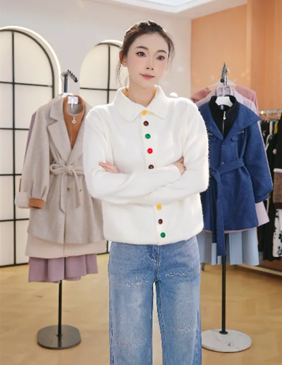 韩系穿搭彩色纽扣针织开衫外套女秋冬洋气设计感内搭上衣高领毛衣