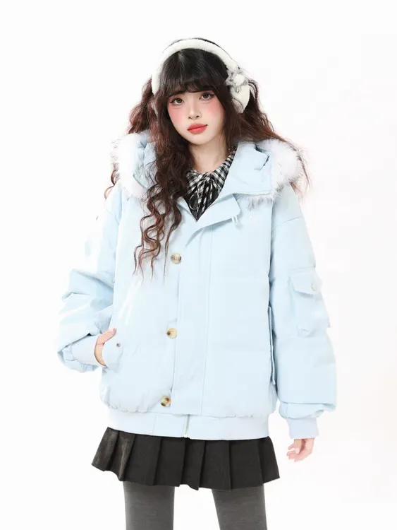 浅蓝色毛领连帽派克棉服女秋冬ins风加厚保暖宽松面包服工装外套