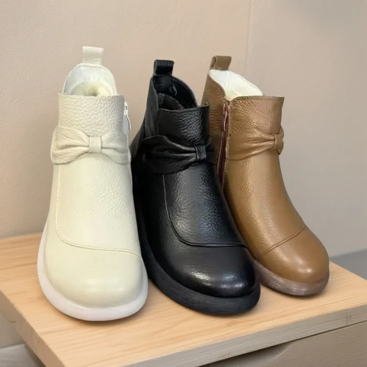 头层牛皮新款秋冬圆头女马丁靴花朵低跟瘦瘦靴女靴厚底软底百搭