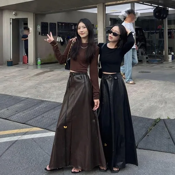 秋季新款韩版高腰显瘦遮胯百搭A字长裙女复古辣妹PU皮半身裙