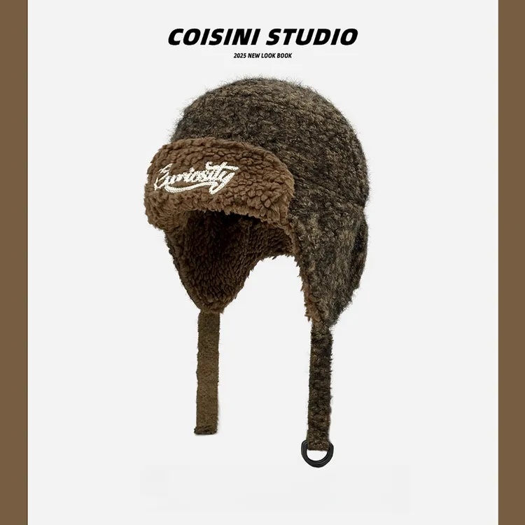 帽檐字母毛绒雷锋帽子男女秋冬加厚保暖防风东北护耳帽百搭飞行帽