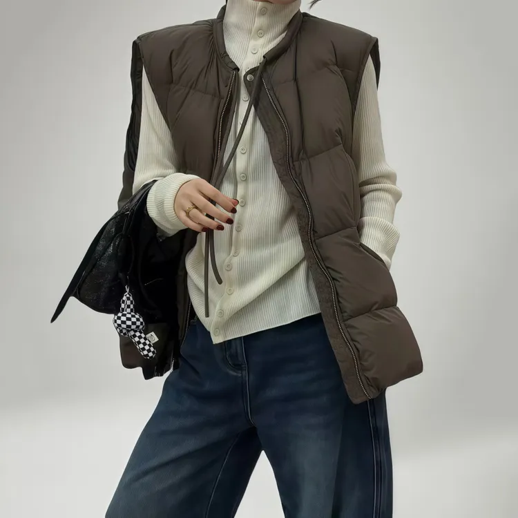 欧货时尚简约圆领马甲棉服女秋冬季新款宽松休闲厚实无袖马夹外套
