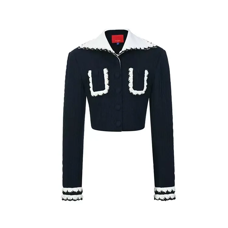 LeFame/拉飞姆24秋LF24Q31SC072撞色翻领重工钉珠织带装饰外套