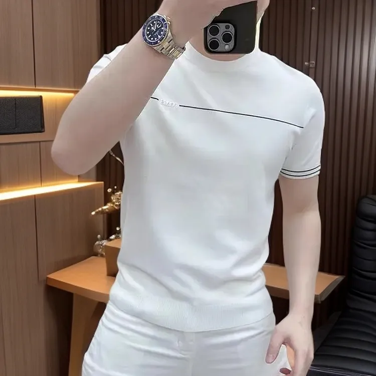 高档冰丝男士圆领短袖T恤修身休闲针织体恤凉感上衣男打底衫欧货