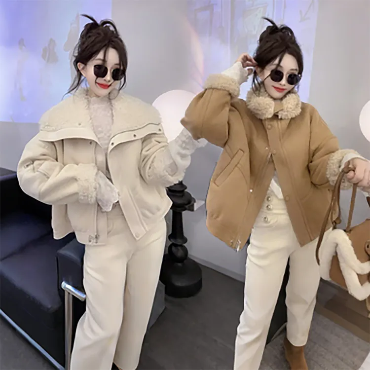 保暖冬季流行翻领仿皮毛一体短外套新款加绒加厚时尚洋气网红冬装