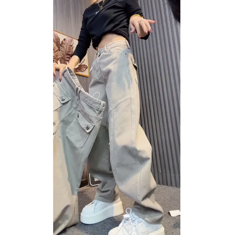 加厚磨毛 后兜遮盖窄腿复古水泥灰牛仔裤 裤长103左右