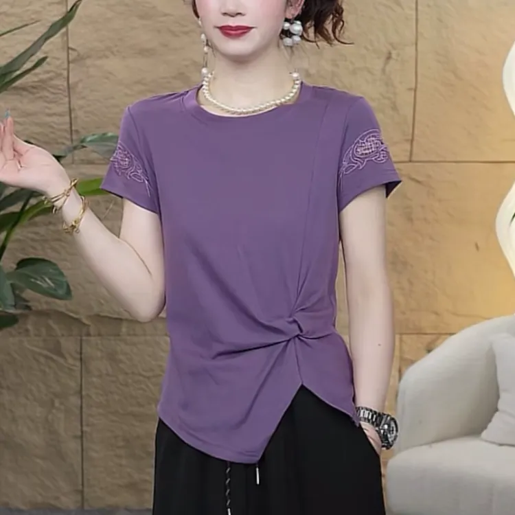 【歌莱图】2025夏季新款纯色圆领不规则扭结短袖T恤修身上衣#9106