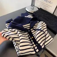 时尚简约彩色扣连帽条纹毛衣开衫女秋季新款宽松显瘦针织开衫外套