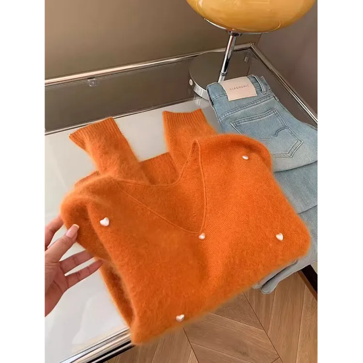 设计感橘色钉珠爱心v领毛衣女2025秋冬季新款韩系时尚软糯针织衫