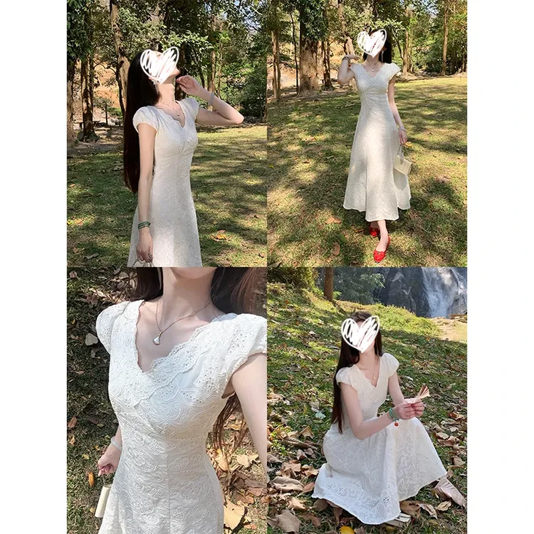 【浮白流雪】新中式大V领蕾丝拼接印花长裙收腰刺绣白色连衣裙高级