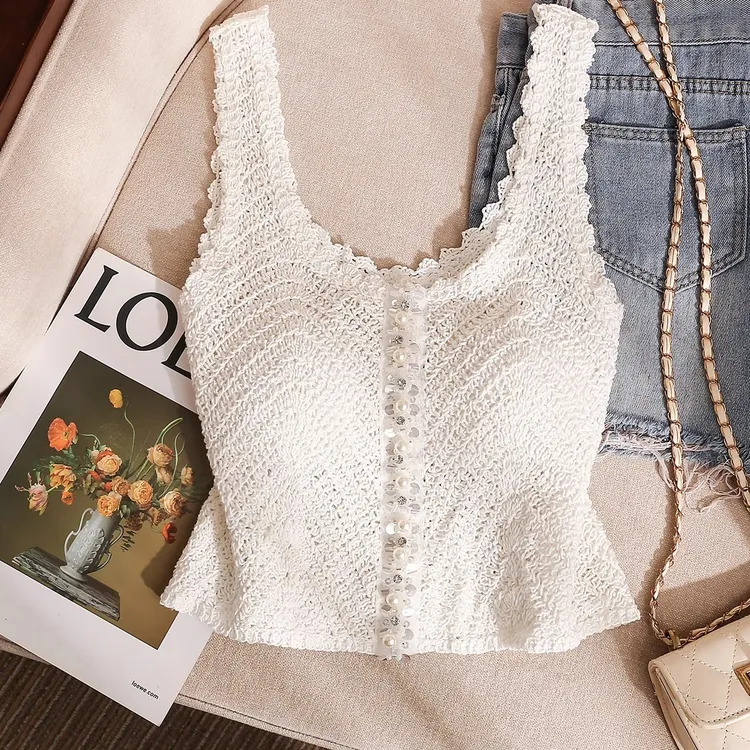 甜辣妹蕾丝钉珠针织吊带背心女夏季外穿2025新款美背无袖露肩上衣