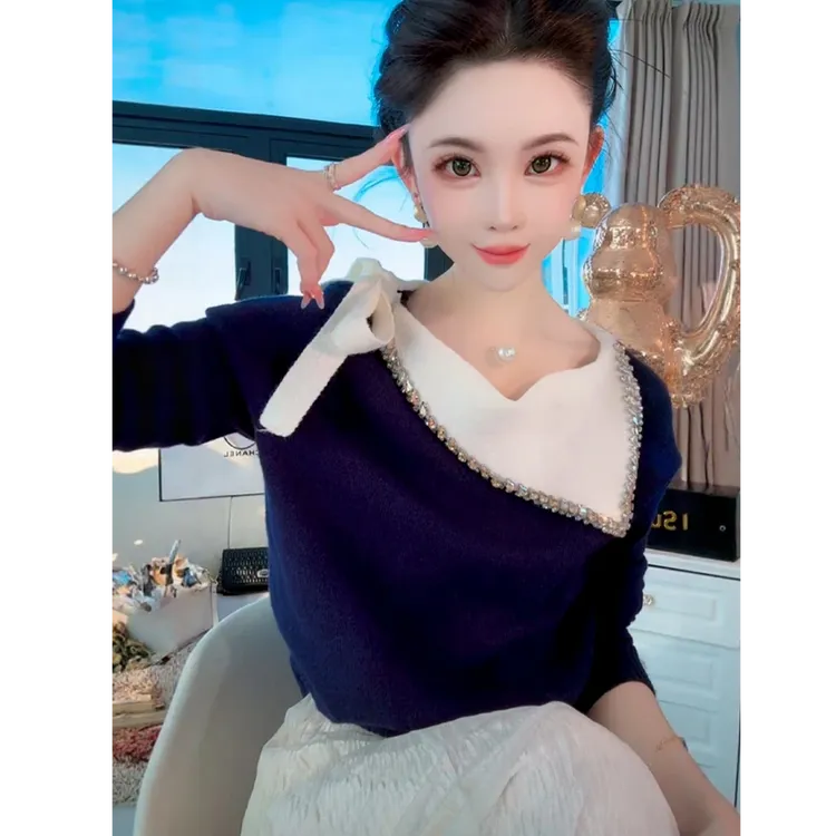 欧货小香风重工钉珠翻领毛衣女2025秋季时尚百搭轻奢老钱风针织衫