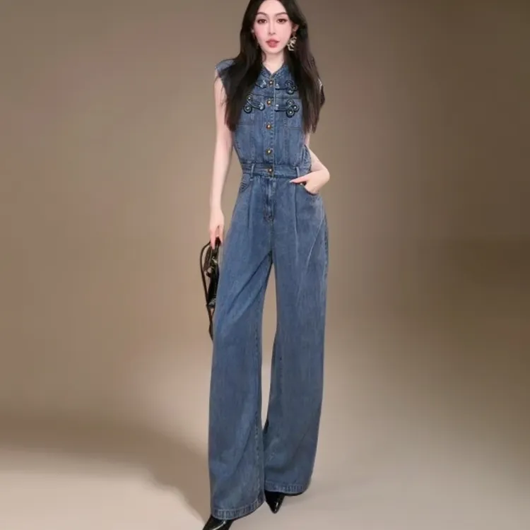 国风高级复古天丝牛仔连体裤女夏季宽松显瘦高腰无袖直筒阔腿长裤