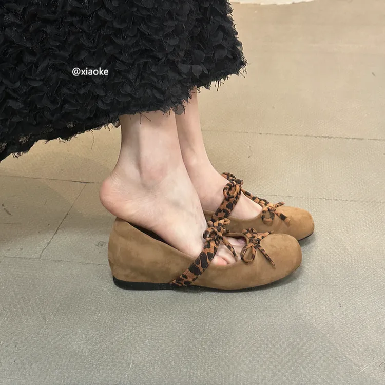 内增高法式复古豹纹蝴蝶结单鞋女2025秋季新款绒面仙女风奶奶瓢鞋