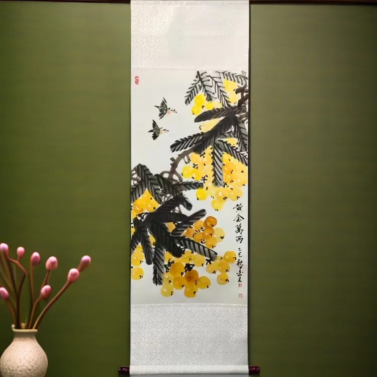 手绘水墨国画/黄金万两富贵白头/卷轴140*45CM茶室客厅办公室挂画