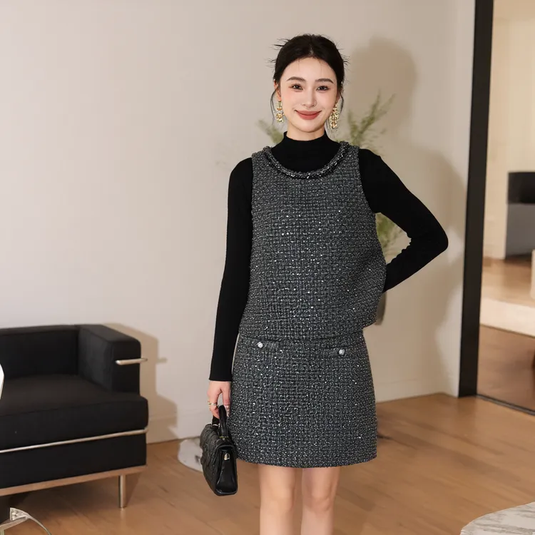 奢姿【星织灰梦】大码女装冬季显瘦时尚小香风粗花呢背心半裙两件套