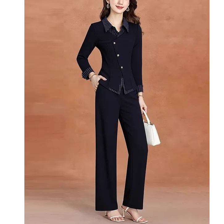 W8106秋季时尚气质两件套装裤女秋冬减龄拼接贵夫人收腰休闲套装