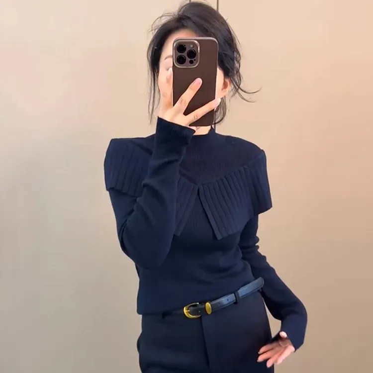 欧洲站2025秋季新款时尚气质大方御姐风修身小众立领长袖针织上衣