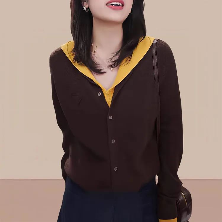 秋冬季2025年新款撞色假两件开衫外套时尚高级感拼接连帽针织衫女