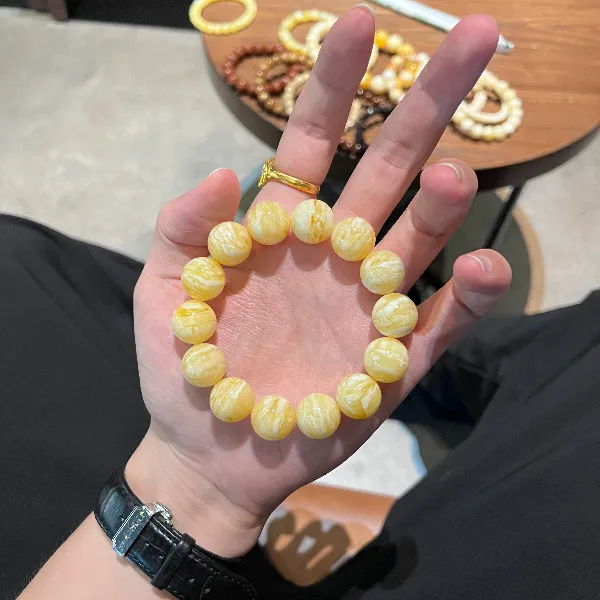 天然琥珀蜜蜡手串虎皮纹千层雪单圈文玩手链国风男女款多样性发一