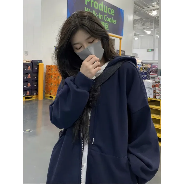 中性风藏青色显白宽松开衫拉链上衣ins潮牌美式秋冬季外套卫衣男