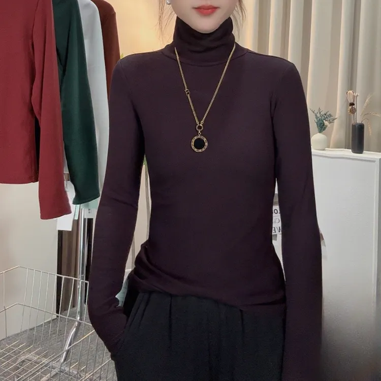 【加绒款现货】堆堆领打底衫2025新款内搭修身长袖t恤高领纯色女