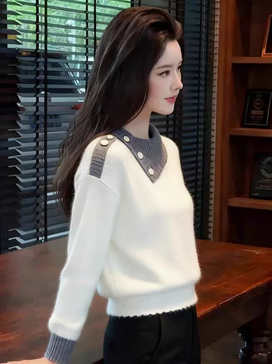 仿貂毛韩系设计感翻领撞色毛衣针织衫2025秋冬新款洋气别致上衣女