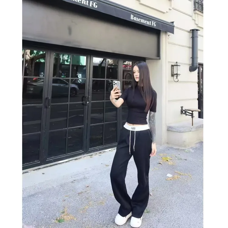 美式休闲藏青色秋冬加绒加厚垂感弯刀直筒卫裤男女情侣潮休闲长裤