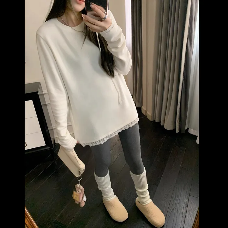 【现货】白色蕾丝中长款长袖打底T恤女秋冬保暖德遮臀内搭叠穿上衣