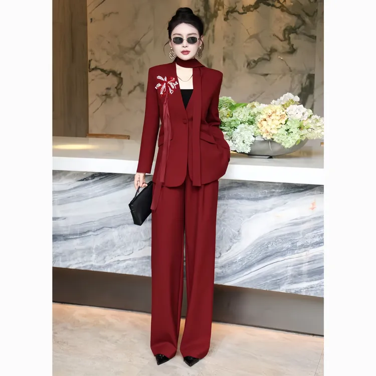 ZEROYK设计感西装套装秋季国风订花V领西装外套阔腿裤气质两件套