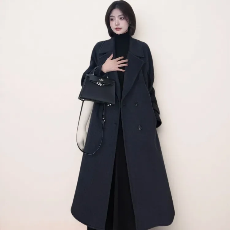 2025冬季长款羊毛大衣保暖纯色羊毛大衣翻领大衣加大码2509