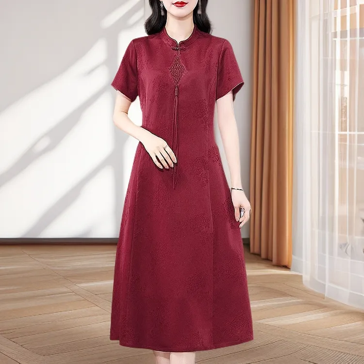 桑蚕丝连衣裙立领新中式红色显瘦连衣裙高贵气质礼服婚宴裙子新款