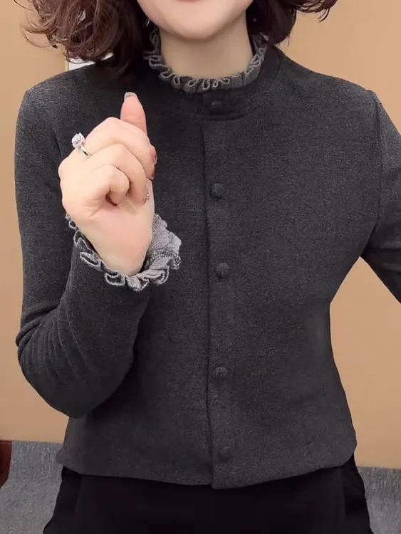 德绒木耳领常规长袖杂志风立领女T恤秋冬双面绒设计师款洋气时尚