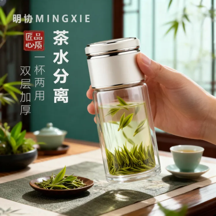 简约加厚透明高档刻字双层便携隔热过滤网红小巧茶水杯女士