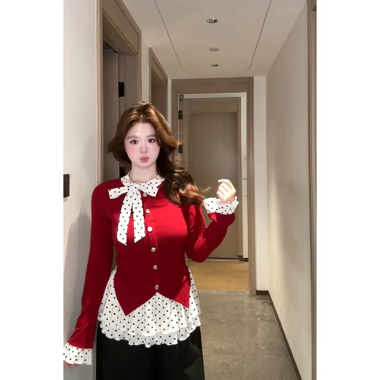 【圣诞限定】2025新款胖mm大码女装设计感波点显瘦长袖小衫上衣8335