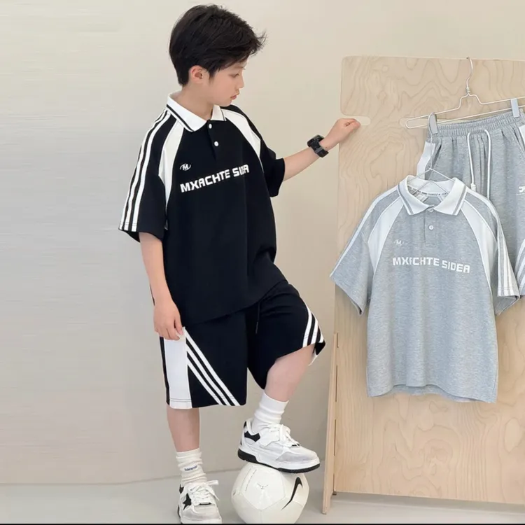 男童夏季短袖翻领POLO套装2025新款儿童夏装两件套中大童帅气衣服