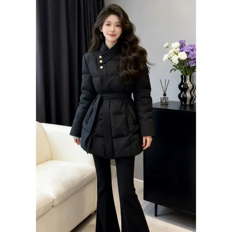【小香风】秋冬高级感黑色中长款收腰2026保暖外套棉服女