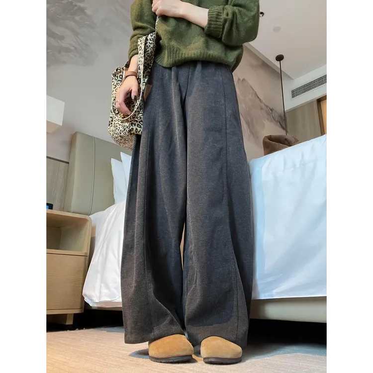 黑灰色毛呢阔腿裤女冬季大码胖mm遮胯显瘦梨型身材垂感直筒休闲裤