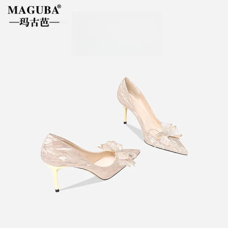 玛古芭法式高跟鞋女水晶蝴蝶结气质单鞋高级感小众设计宴会新娘鞋
