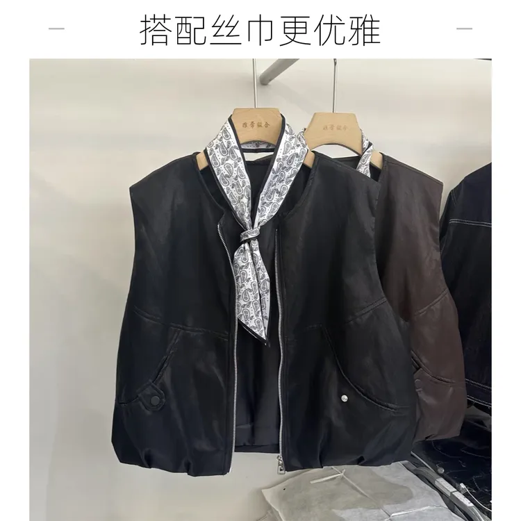 高端欧货2025秋装新款圆领拉链复古水洗pu皮衣女无袖马甲外套上衣