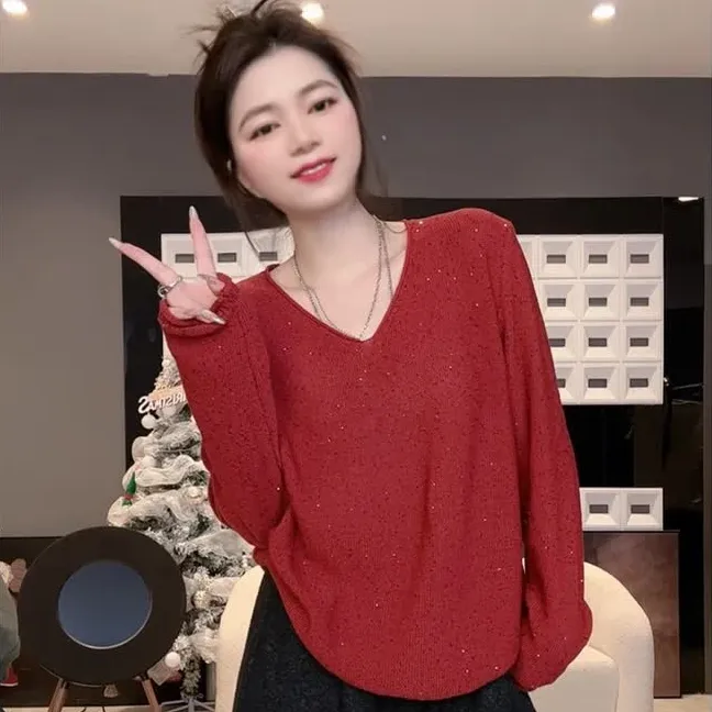 【银河星沙】时尚V领亮片上衣针织衫女慵懒长袖毛衣