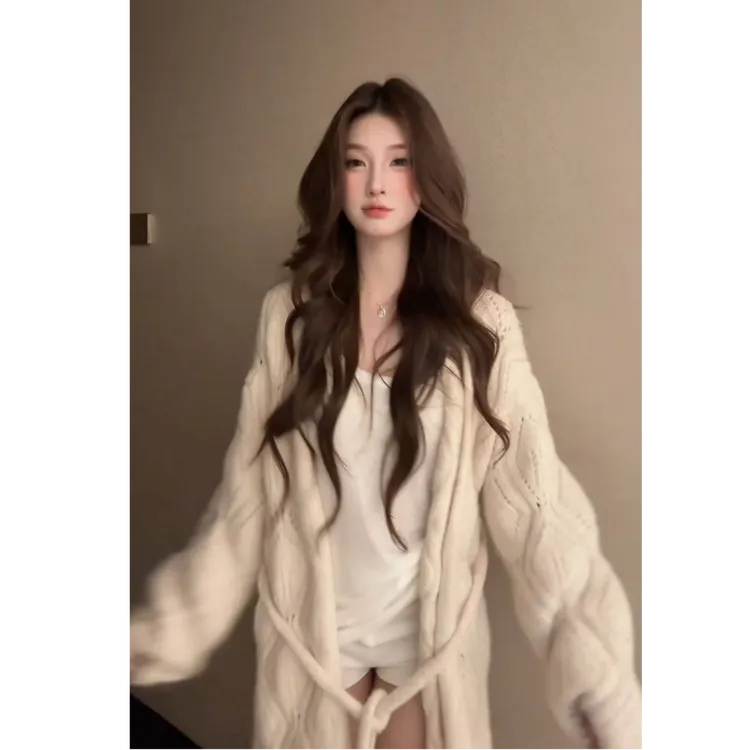 软乎乎·慵懒感系带针织开衫毛衣大U领内搭宽松背心套装女X11378