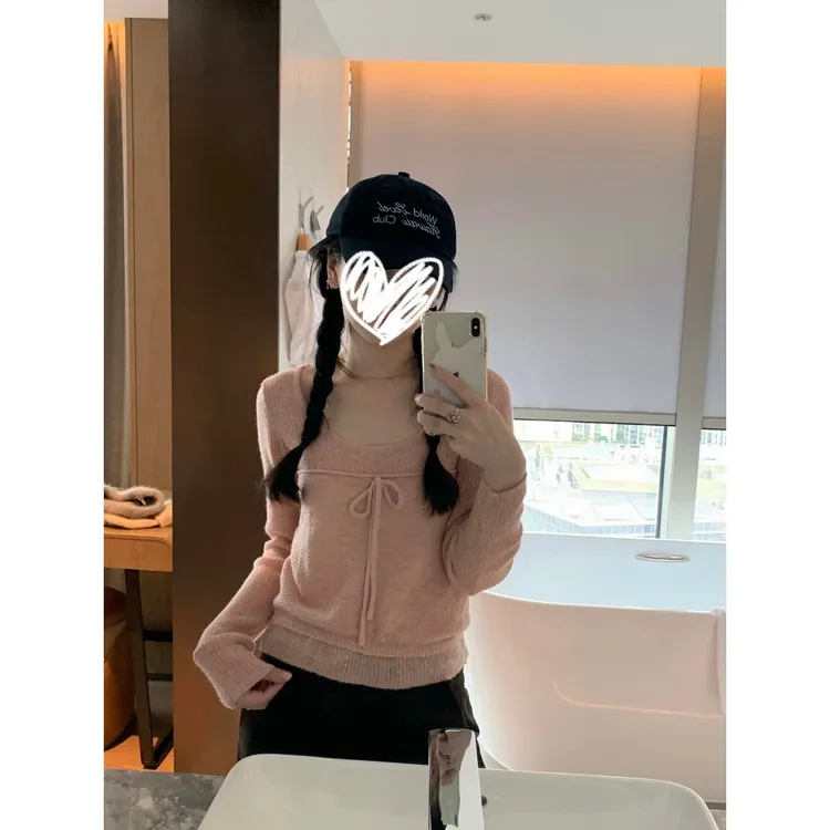 设计感拼接温柔蝴蝶结系带针织衫上衣秋冬新款收腰显瘦百搭小衫潮