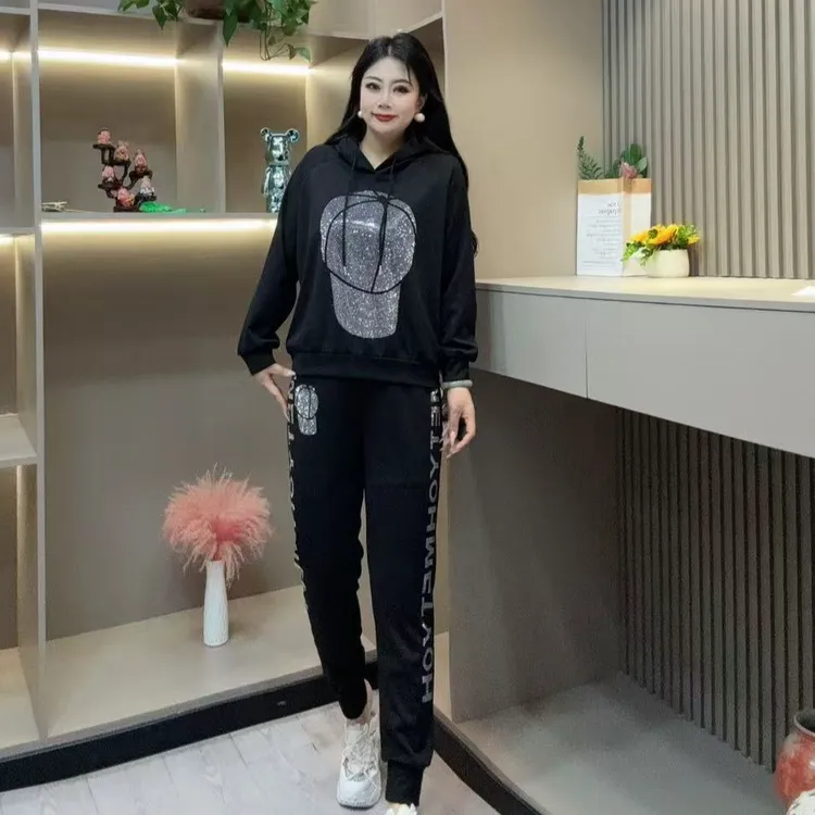 秋季套装-玲 大码时尚休闲亮闪百搭连帽显瘦套装胖MM大码女装新款
