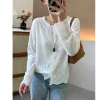 秋季氛围感精致钩花圆领珍珠扣针织开衫打底针织衫宽松内搭上衣新