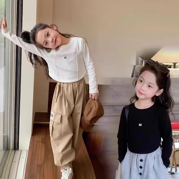 纯棉女童长袖T恤春秋新款小孩儿童宝宝洋气印花百搭圆弧打底上衣