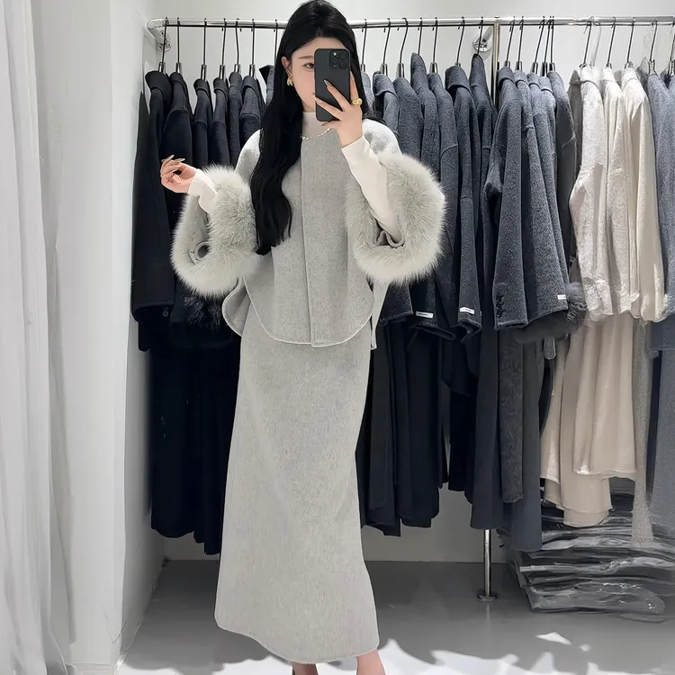 2025冬季优雅温柔淑女端庄宽松显瘦圆领毛边长袖上衣半身裙两件套