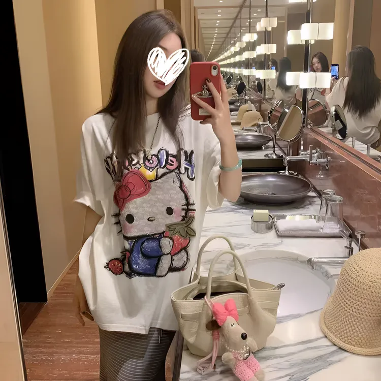 夏云朵kitty屋可爱减龄卡通印花宽松纯棉圆领短袖T恤女ins纯白色