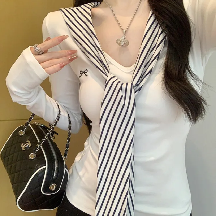 春秋款潮流休闲服长袖T恤韩式条纹披肩拼接ins修身棉质薄款打底衫
