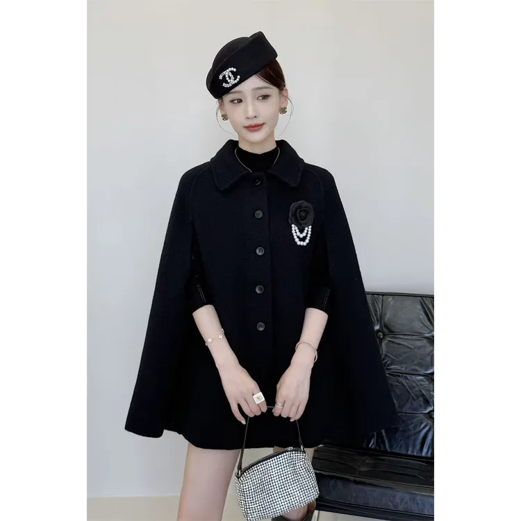 仿水貂绒立体花朵千金风斗篷大衣女2025秋冬新款中长披肩毛呢外套